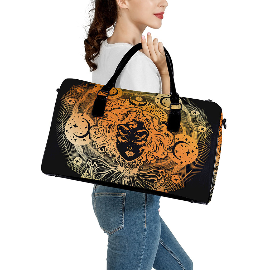 Wiccan Girl And Magical Moon Print Leather Duffle Bag