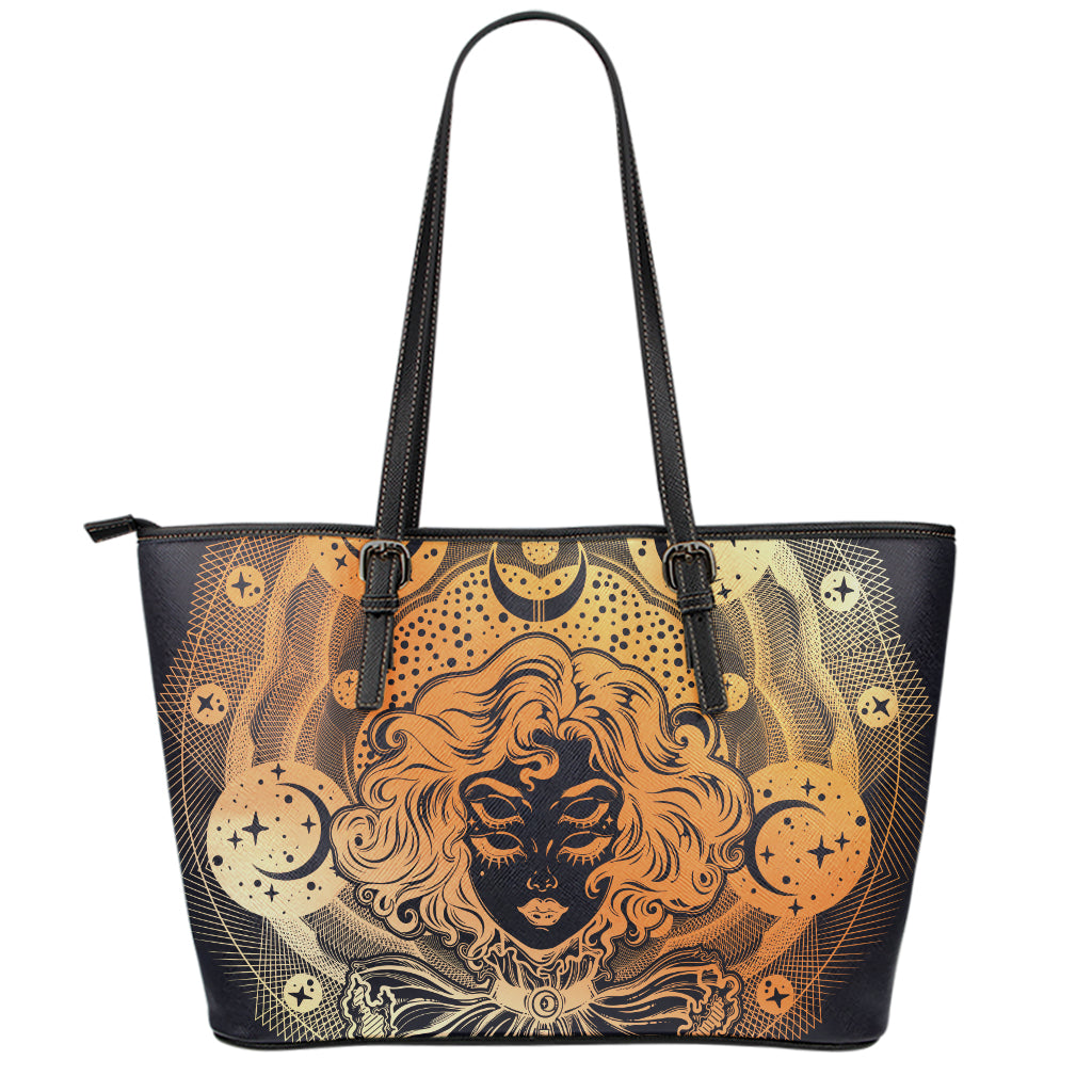 Wiccan Girl And Magical Moon Print Leather Tote Bag