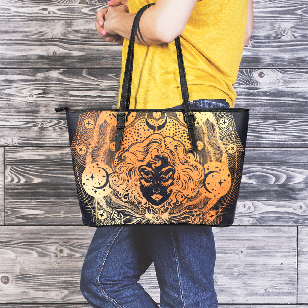 Wiccan Girl And Magical Moon Print Leather Tote Bag
