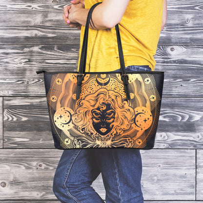 Wiccan Girl And Magical Moon Print Leather Tote Bag