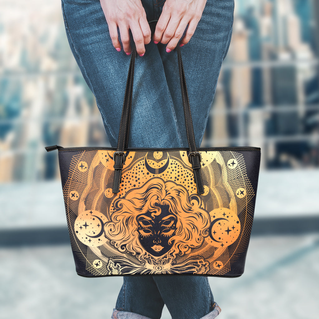 Wiccan Girl And Magical Moon Print Leather Tote Bag