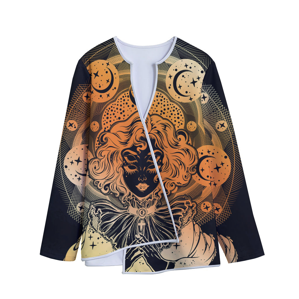 Wiccan Girl And Magical Moon Print Long Sleeve Short Coat