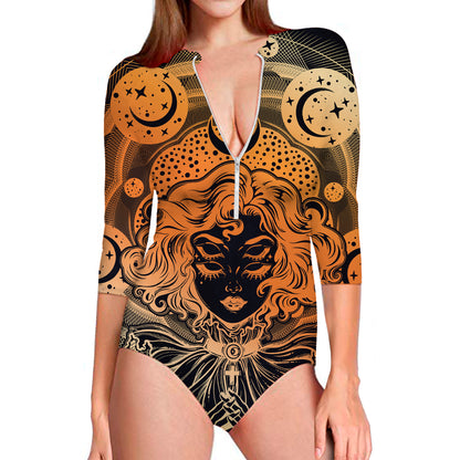 Wiccan Girl And Magical Moon Print Long Sleeve Swimsuit