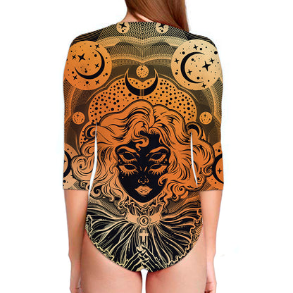 Wiccan Girl And Magical Moon Print Long Sleeve Swimsuit