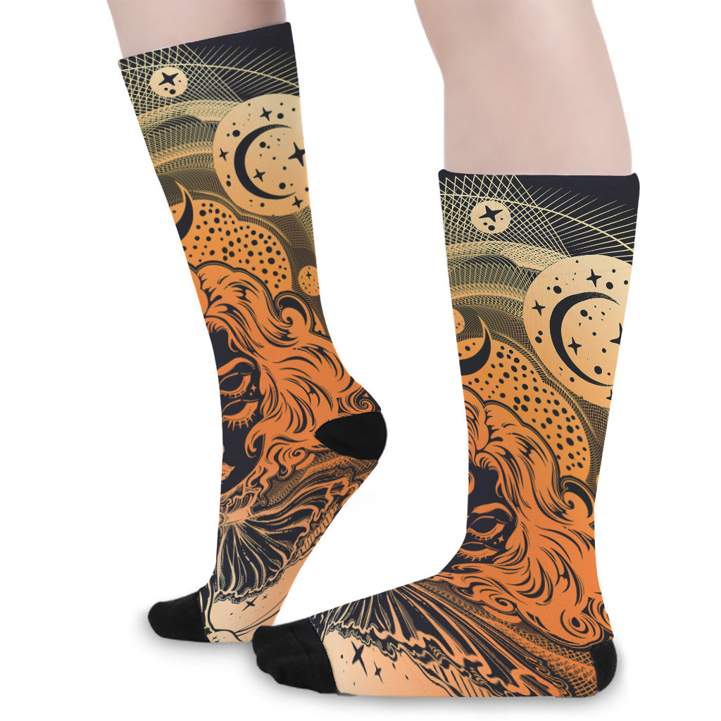 Wiccan Girl And Magical Moon Print Long Socks
