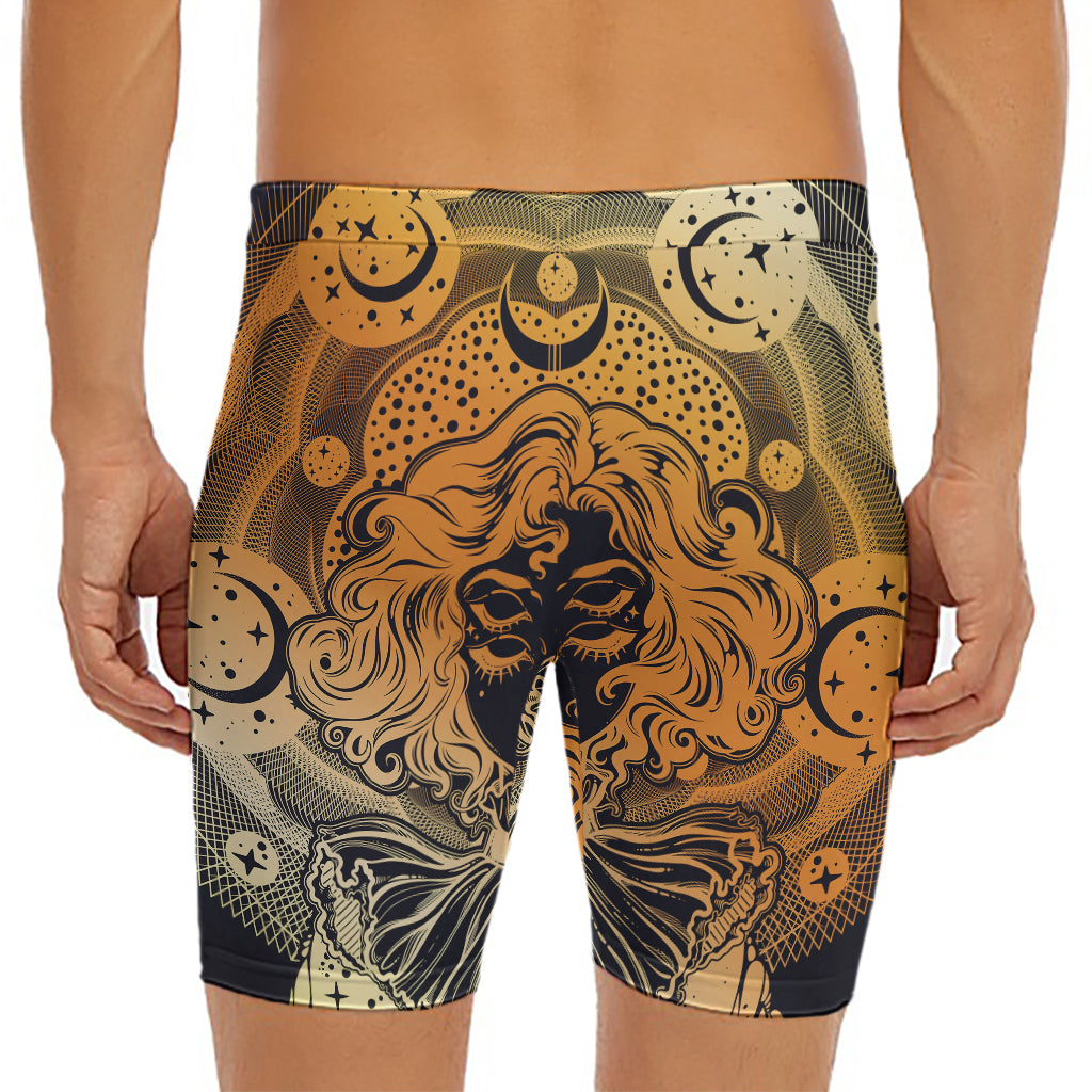 Wiccan Girl And Magical Moon Print Men's Long Boxer Briefs