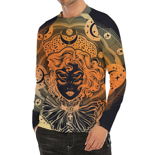 Wiccan Girl And Magical Moon Print Men's Long Sleeve Rash Guard
