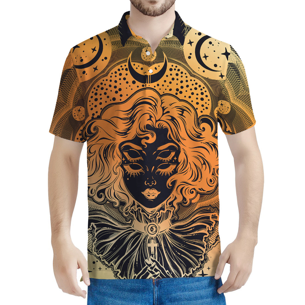 Wiccan Girl And Magical Moon Print Men's Polo Shirt