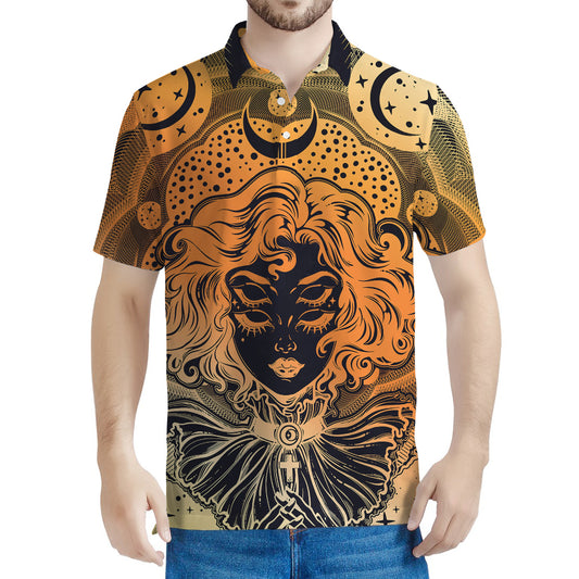 Wiccan Girl And Magical Moon Print Men's Polo Shirt