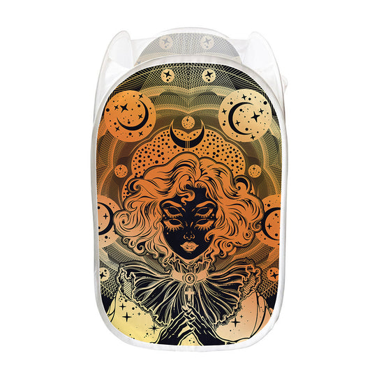 Wiccan Girl And Magical Moon Print Mesh Laundry Hamper
