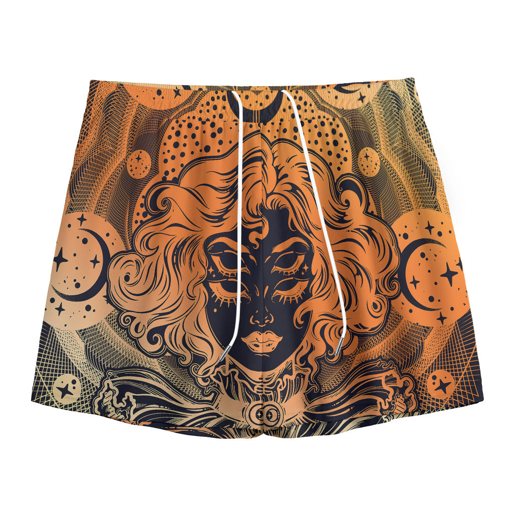 Wiccan Girl And Magical Moon Print Mesh Shorts