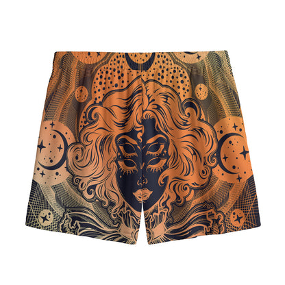 Wiccan Girl And Magical Moon Print Mesh Shorts