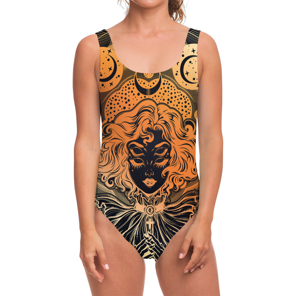Wiccan Girl And Magical Moon Print One Piece Swimsuit