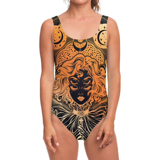 Wiccan Girl And Magical Moon Print One Piece Swimsuit