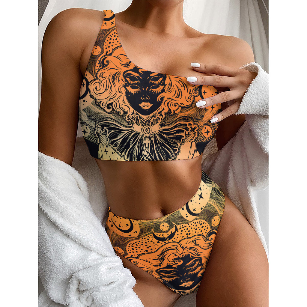 Wiccan Girl And Magical Moon Print One Shoulder Bikini Top
