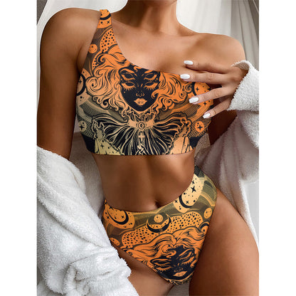Wiccan Girl And Magical Moon Print One Shoulder Bikini Top