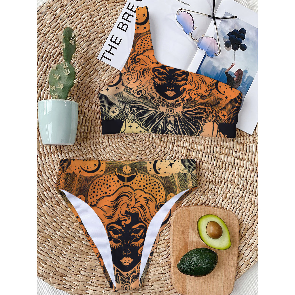 Wiccan Girl And Magical Moon Print One Shoulder Bikini Top