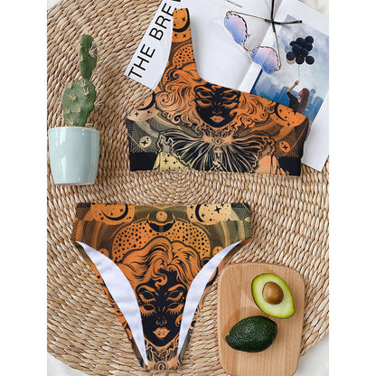Wiccan Girl And Magical Moon Print One Shoulder Bikini Top