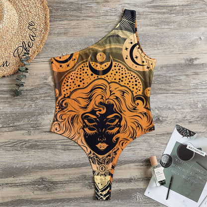 Wiccan Girl And Magical Moon Print One Shoulder Bodysuit
