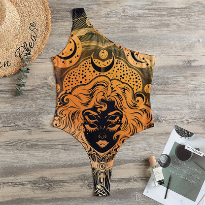 Wiccan Girl And Magical Moon Print One Shoulder Bodysuit