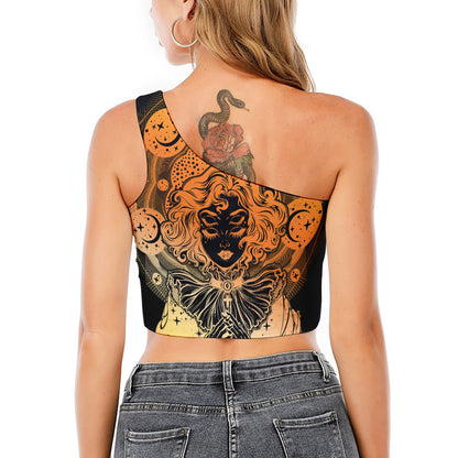 Wiccan Girl And Magical Moon Print One Shoulder Crop Top