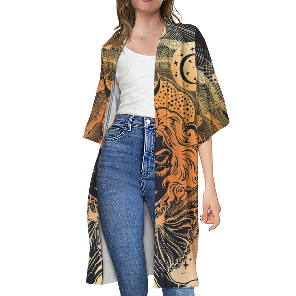 Wiccan Girl And Magical Moon Print Open Front Beach Cover Up