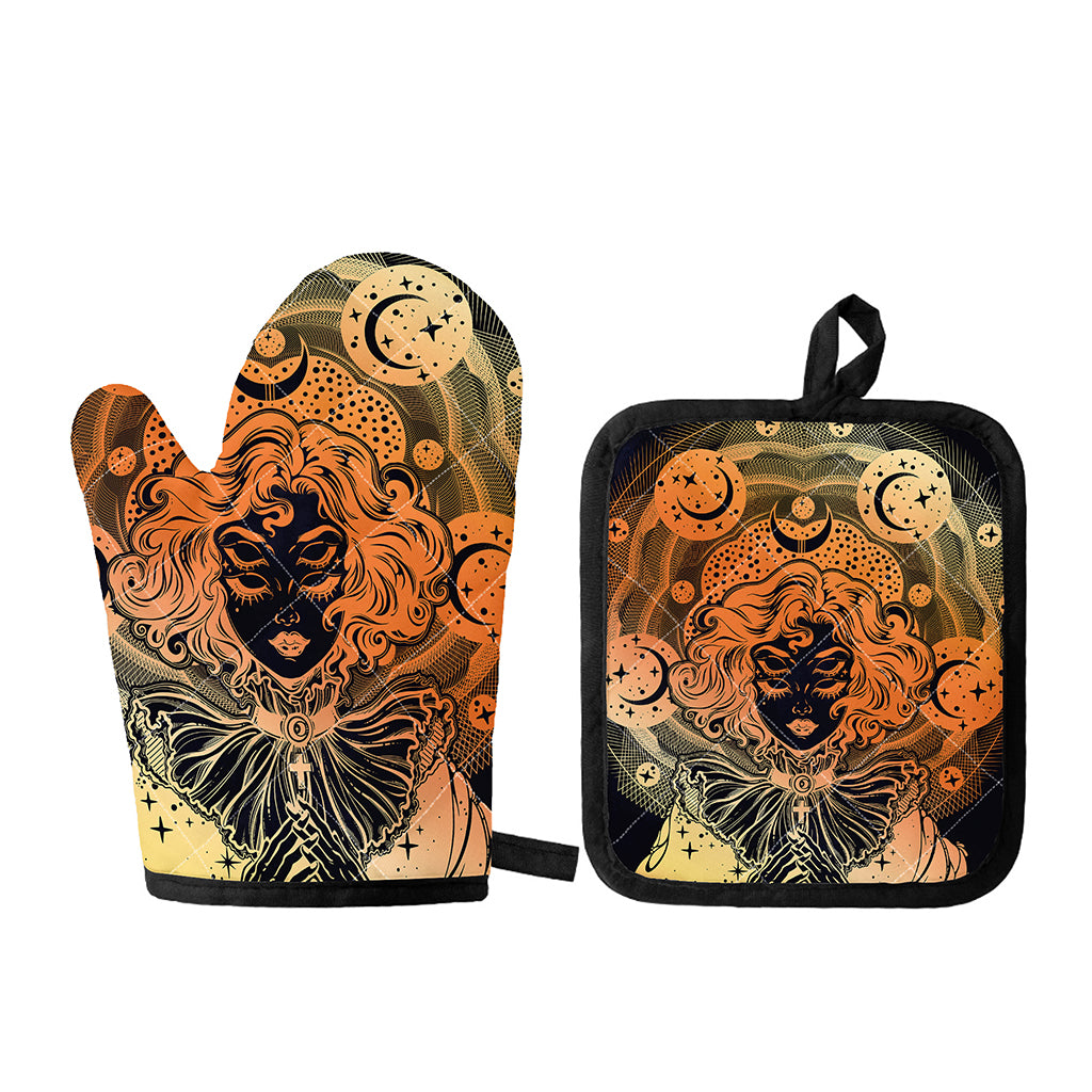 Wiccan Girl And Magical Moon Print Oven Mitt And Pot Holder Set