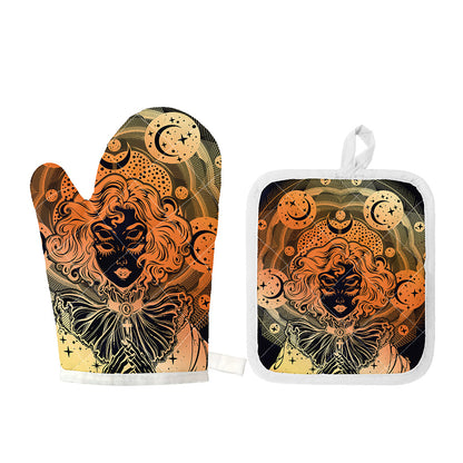 Wiccan Girl And Magical Moon Print Oven Mitt And Pot Holder Set