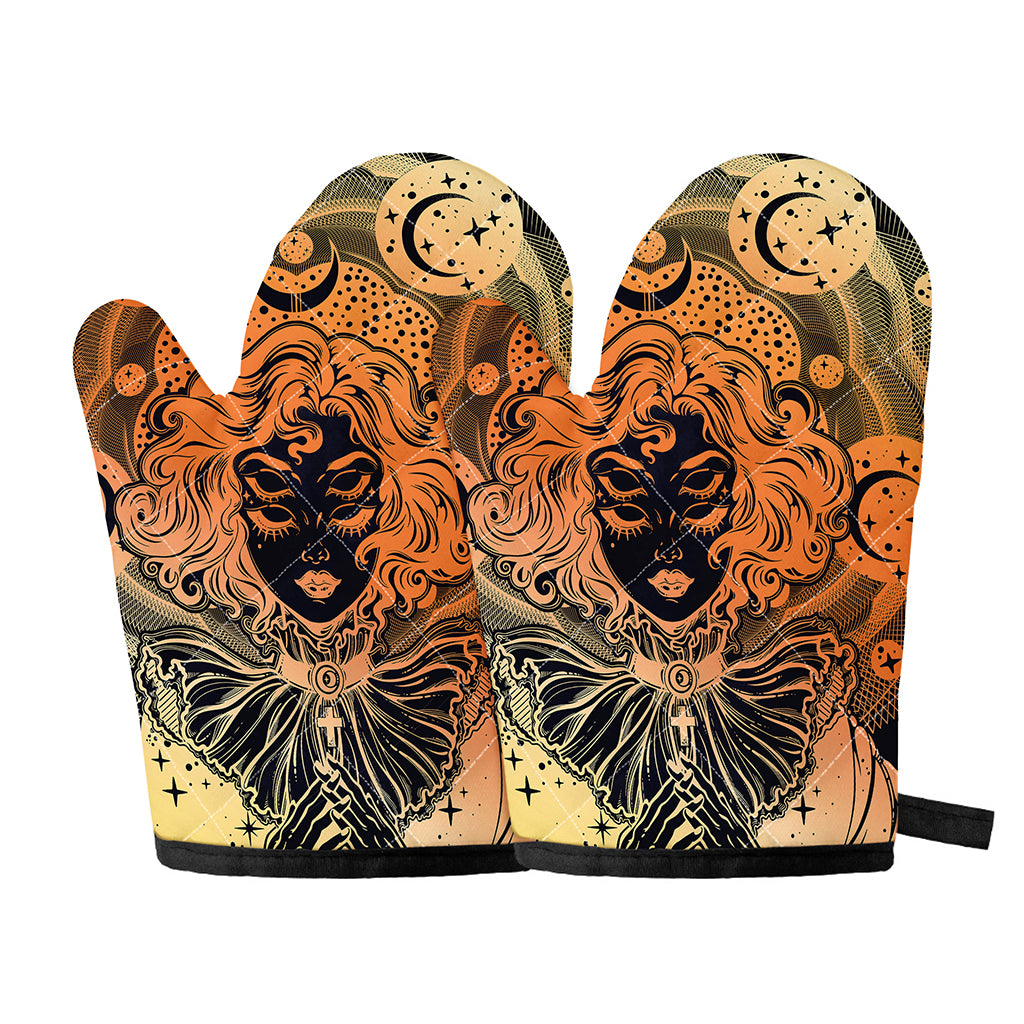 Wiccan Girl And Magical Moon Print Oven Mitts