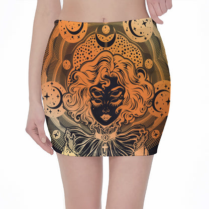 Wiccan Girl And Magical Moon Print Pencil Mini Skirt