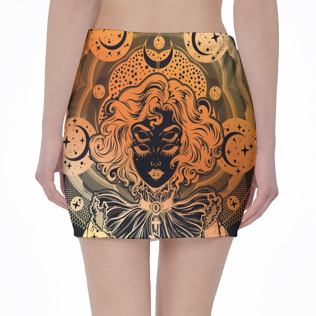 Wiccan Girl And Magical Moon Print Pencil Mini Skirt