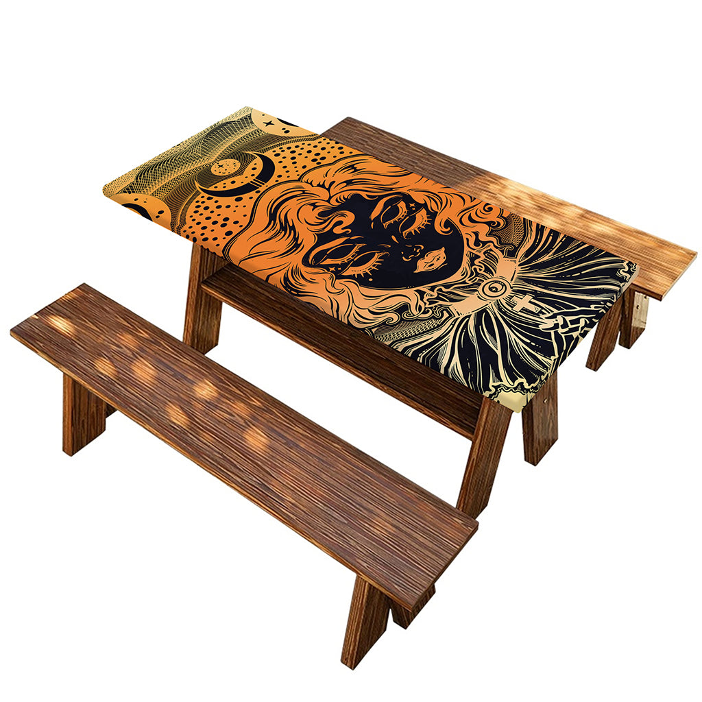 Wiccan Girl And Magical Moon Print Picnic Table Cover