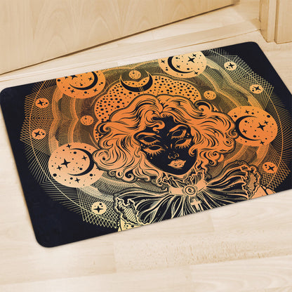 Wiccan Girl And Magical Moon Print Polyester Doormat
