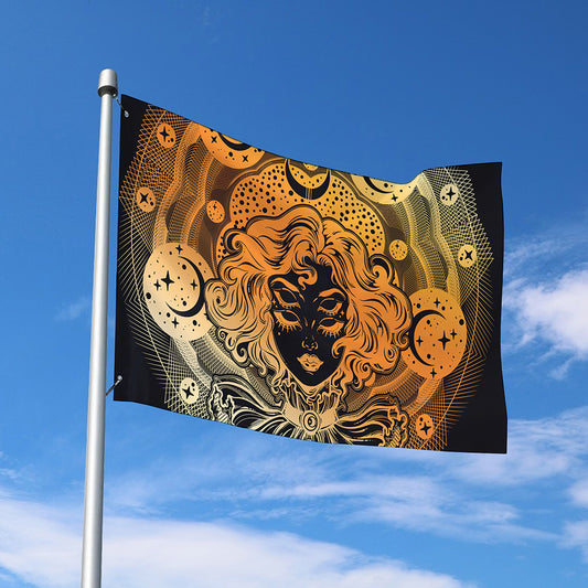 Wiccan Girl And Magical Moon Print Polyester Flag