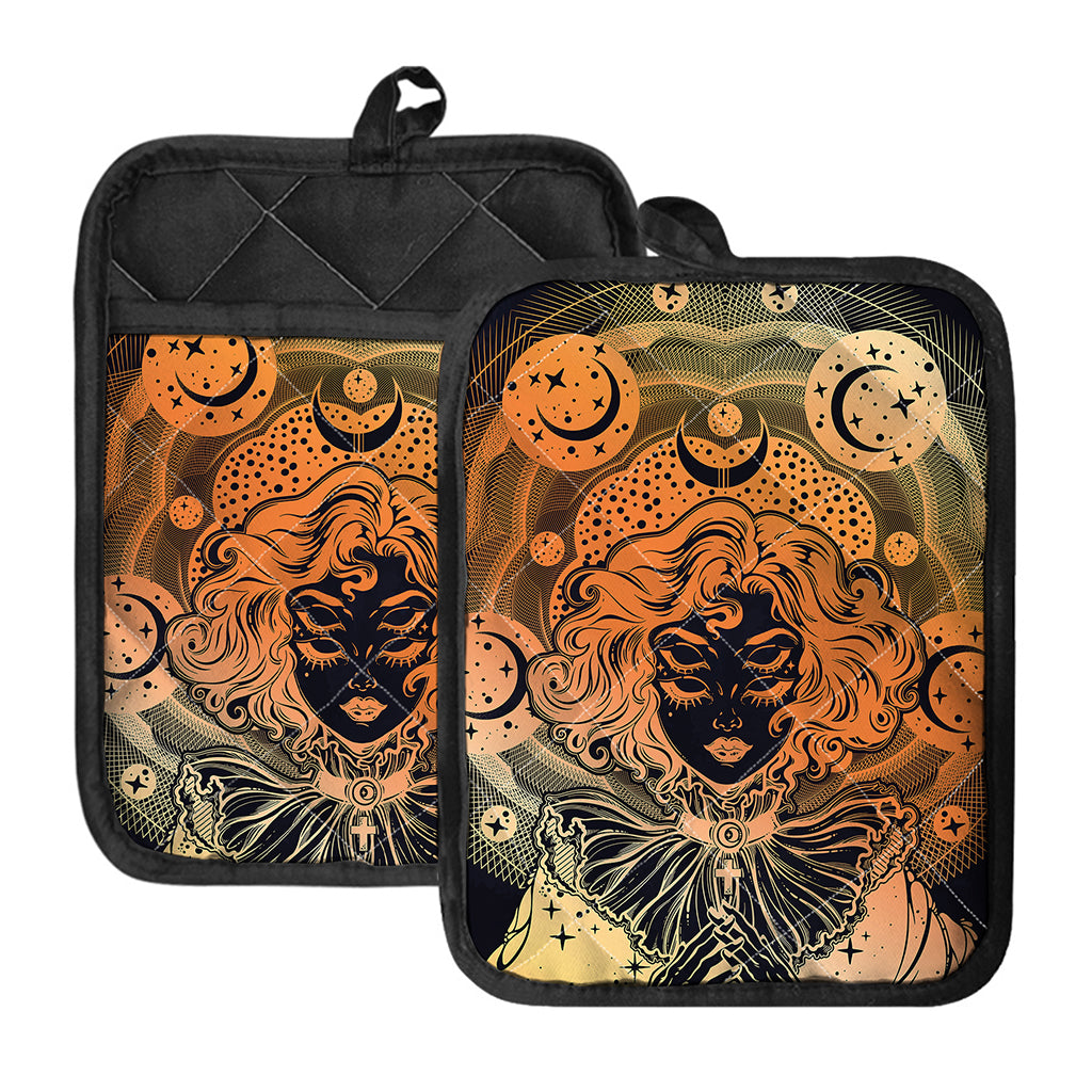 Wiccan Girl And Magical Moon Print Pot Holders With Pocket