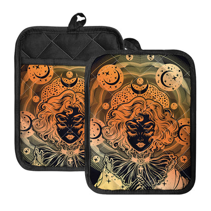 Wiccan Girl And Magical Moon Print Pot Holders With Pocket
