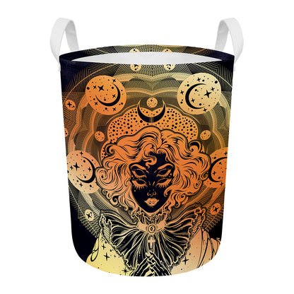 Wiccan Girl And Magical Moon Print Round Laundry Basket
