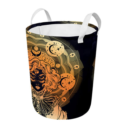 Wiccan Girl And Magical Moon Print Round Laundry Basket