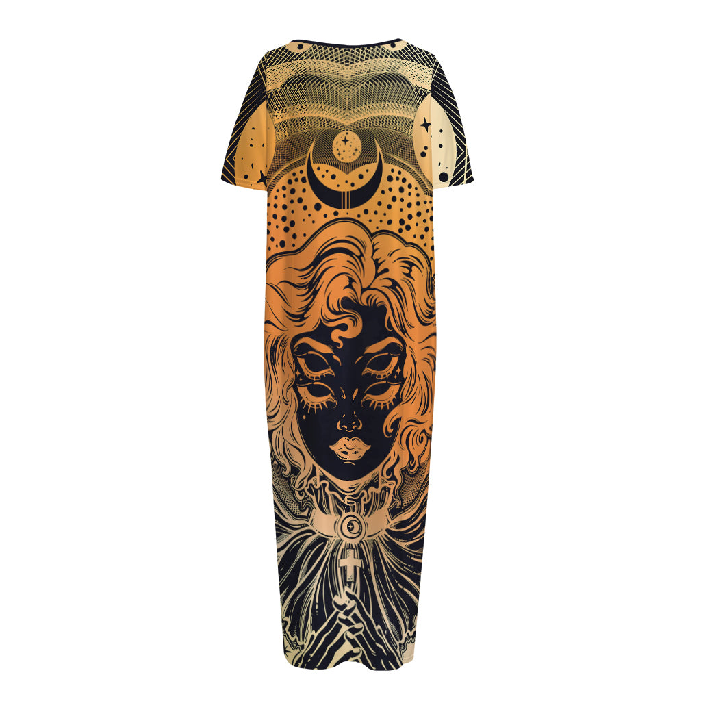 Wiccan Girl And Magical Moon Print Short Sleeve Long Nightdress