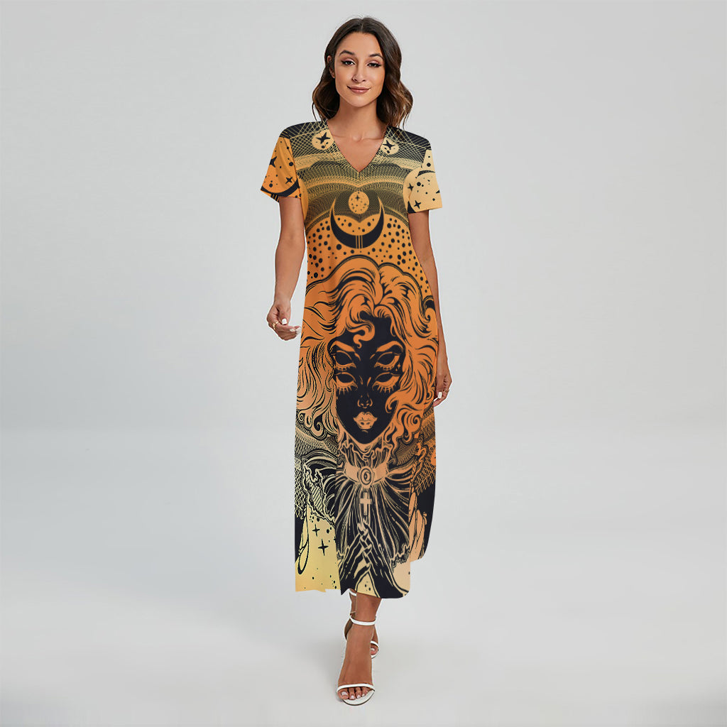 Wiccan Girl And Magical Moon Print Short Sleeve Maxi Dress