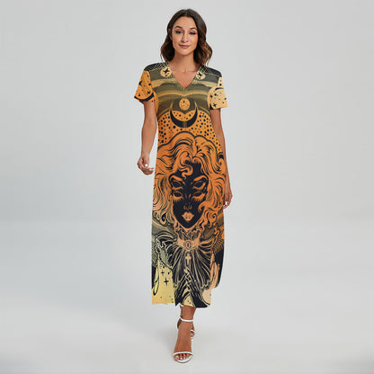 Wiccan Girl And Magical Moon Print Short Sleeve Maxi Dress