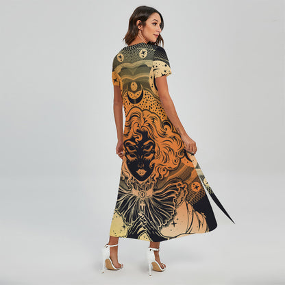 Wiccan Girl And Magical Moon Print Short Sleeve Maxi Dress