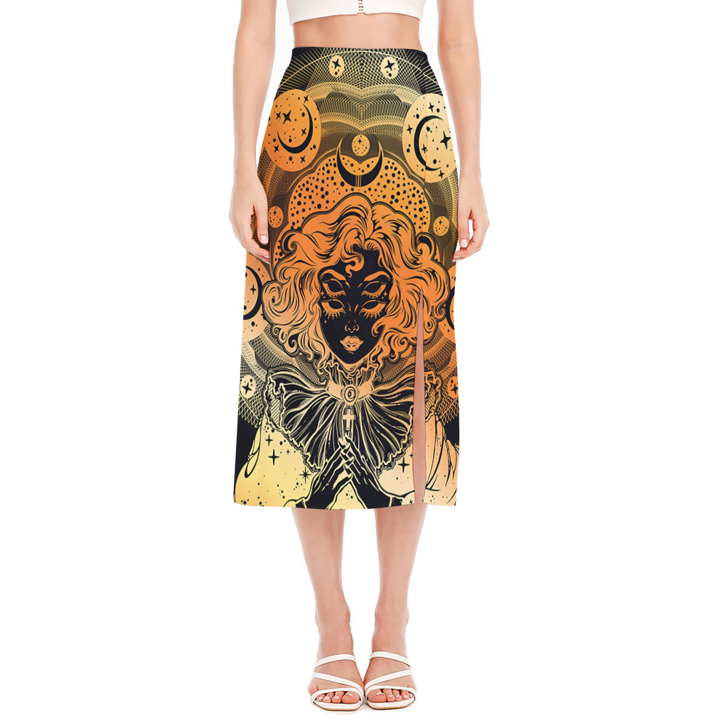 Wiccan Girl And Magical Moon Print Side Slit Midi Skirt