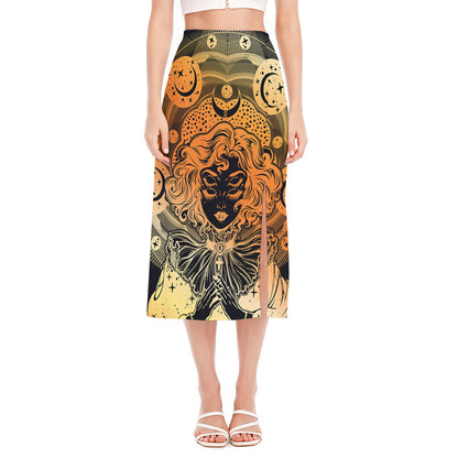 Wiccan Girl And Magical Moon Print Side Slit Midi Skirt