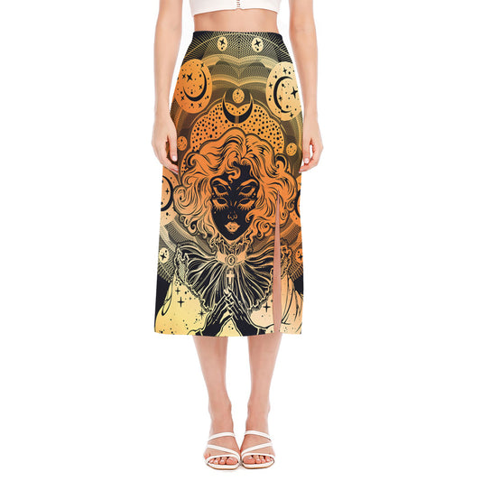 Wiccan Girl And Magical Moon Print Side Slit Midi Skirt