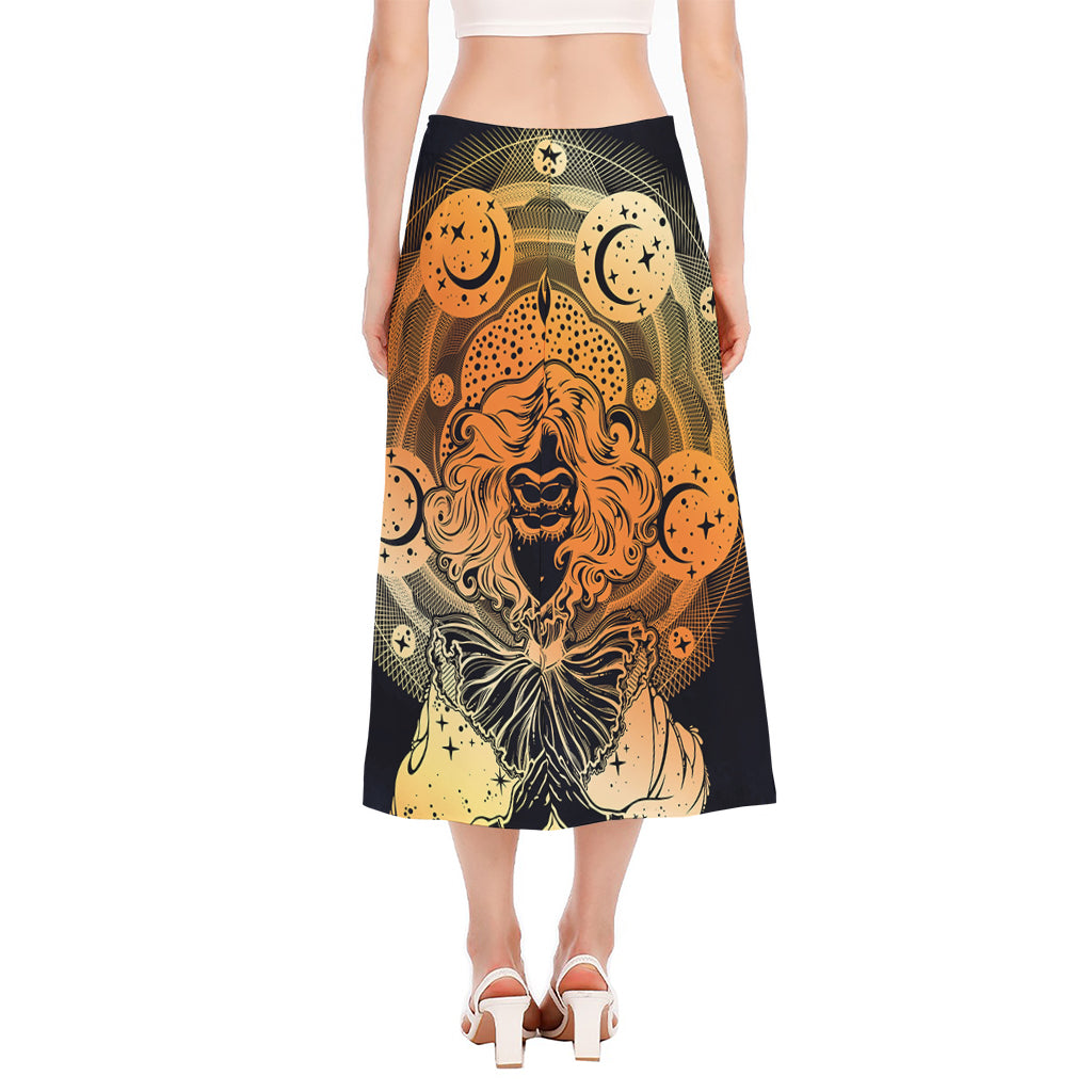 Wiccan Girl And Magical Moon Print Side Slit Midi Skirt