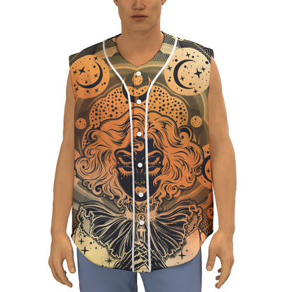 Wiccan Girl And Magical Moon Print Sleeveless Baseball Jersey