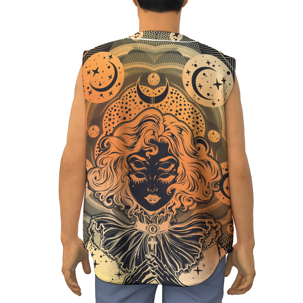 Wiccan Girl And Magical Moon Print Sleeveless Baseball Jersey