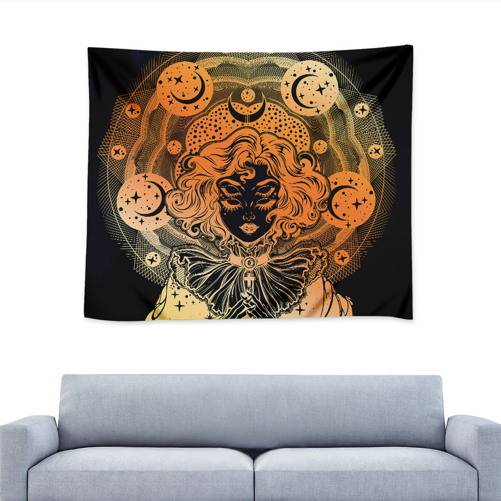 Wiccan Girl And Magical Moon Print Tapestry