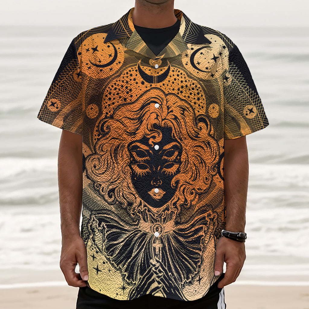 Wiccan Girl And Magical Moon Print Textured Short Sleeve Shirt